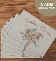 BK Gift Kişiye Özel Çiçek Tasarımlı 6’li Keten Amerikan Servis Seti-16, Ev Hediyesi,Baskılı Servis Bezi, Mutfak Dekoru