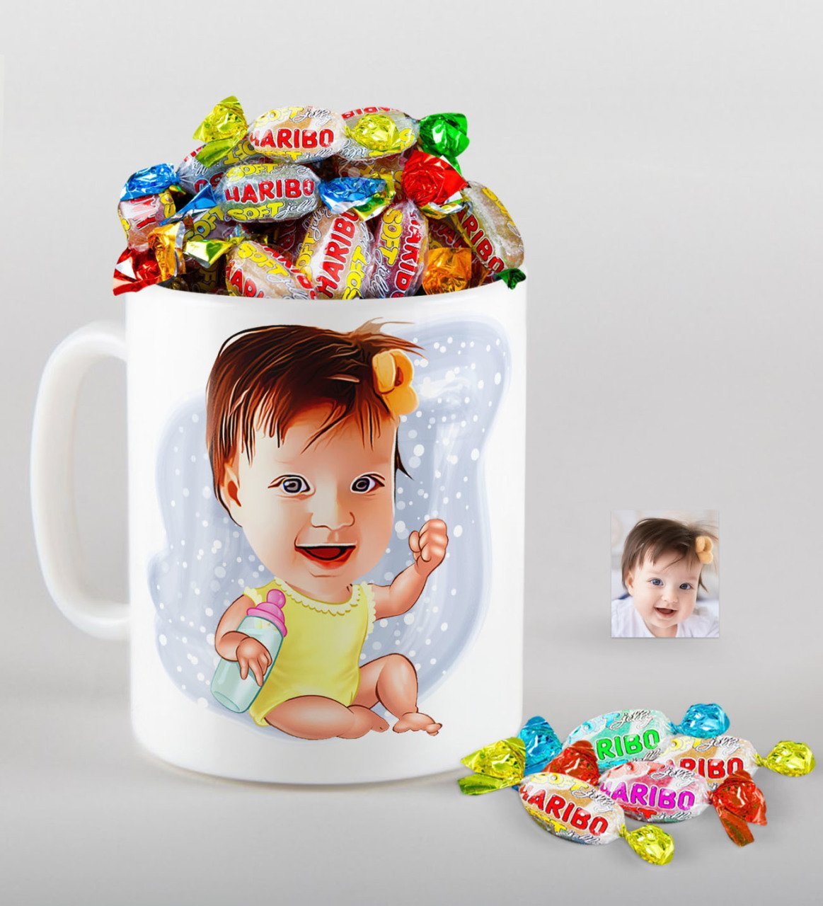 Kişiye Özel Bebek Karikatürlü Kupa ve Haribo Şeker Hediye Seti-1