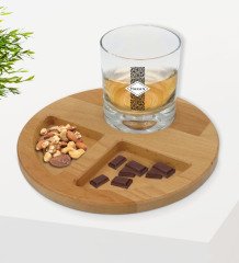 Kişiye Özel İsimli Viski Bardağı ve Doğal Masif Ahşap Yuvarlak Sunum Tabağı Çerezlik Hediye Seti-25