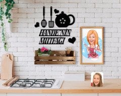BK Home İsme Özel Mutfak Duvar Süsü Ahşap Karikatürlü Tablo ve Doğal Ahşap Raf Hediye Seti-8