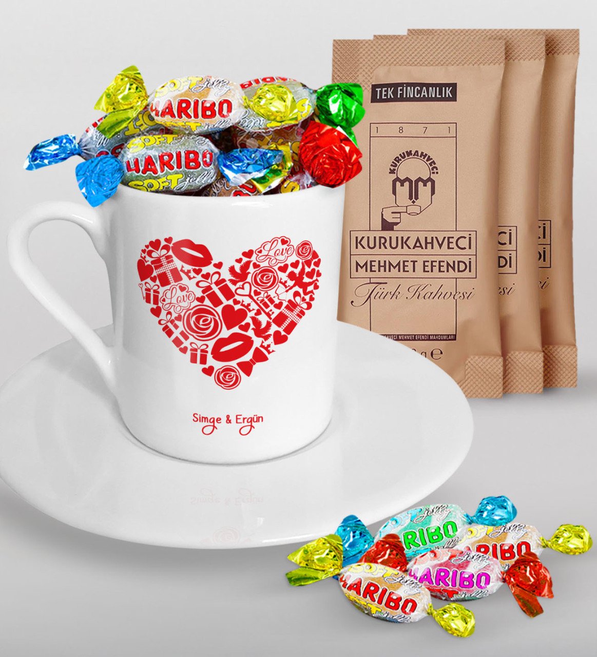 Kişiye Özel Sevgililer Günü Türk Kahvesi Fincanı Mehmet Efendi Kahve ve Haribo Şeker Hediye Seti-49