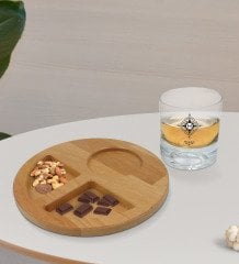 Kişiye Özel İsimli Viski Bardağı ve Doğal Masif Ahşap Yuvarlak Sunum Tabağı Çerezlik Hediye Seti-26