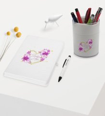 BK Gift Kişiye Özel Çiçek Tasarımlı Beyaz Defter Kalem ve Kalemlik Hediye Seti - Model 3