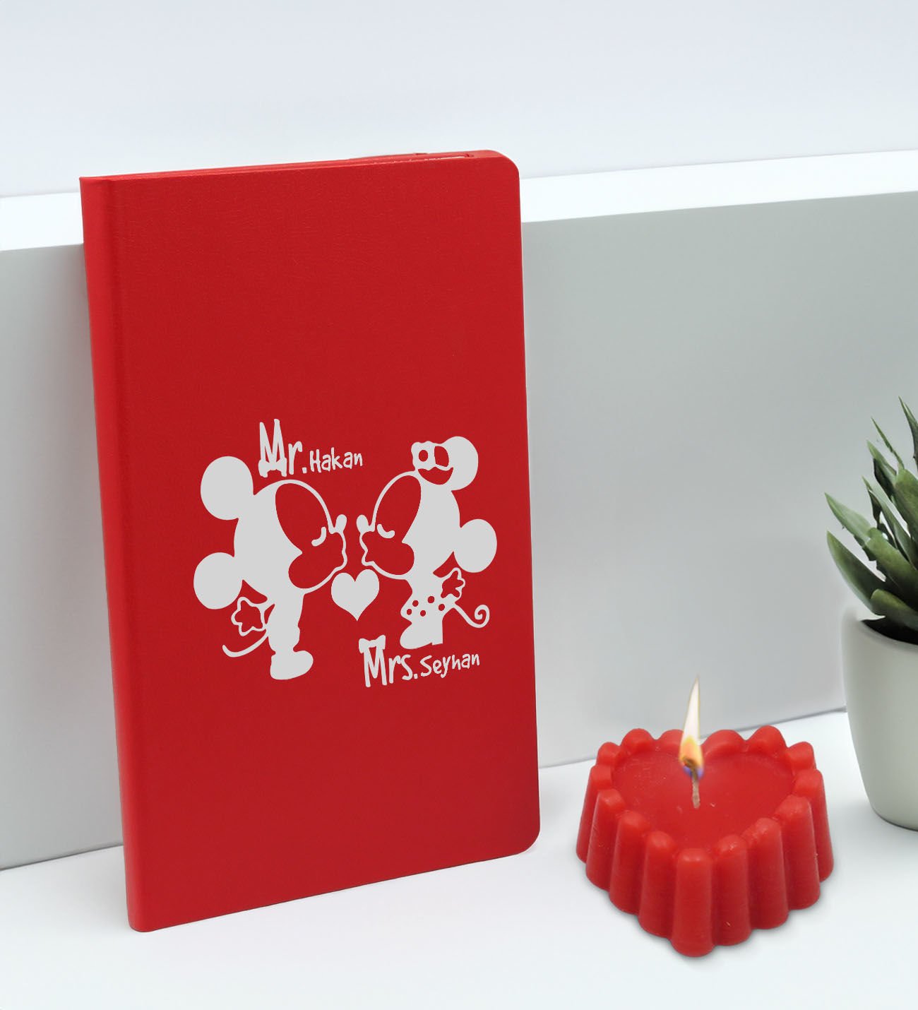 BK Gift Sevgililere Özel İsimli Kırmızı Defter ve Kokulu Kalp Mum Hediye Seti-2, Sevgiliye Hediye, Sevgililer Günü