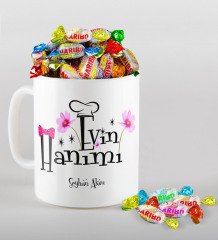 Kişiye Özel Evin Hanımı Tasarımlı Kupa ve Haribo Fruitbons Şeker Hediye Seti