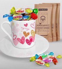 Kişiye Özel Sevgililer Günü Türk Kahvesi Fincanı Mehmet Efendi Kahve ve Haribo Şeker Hediye Seti-50