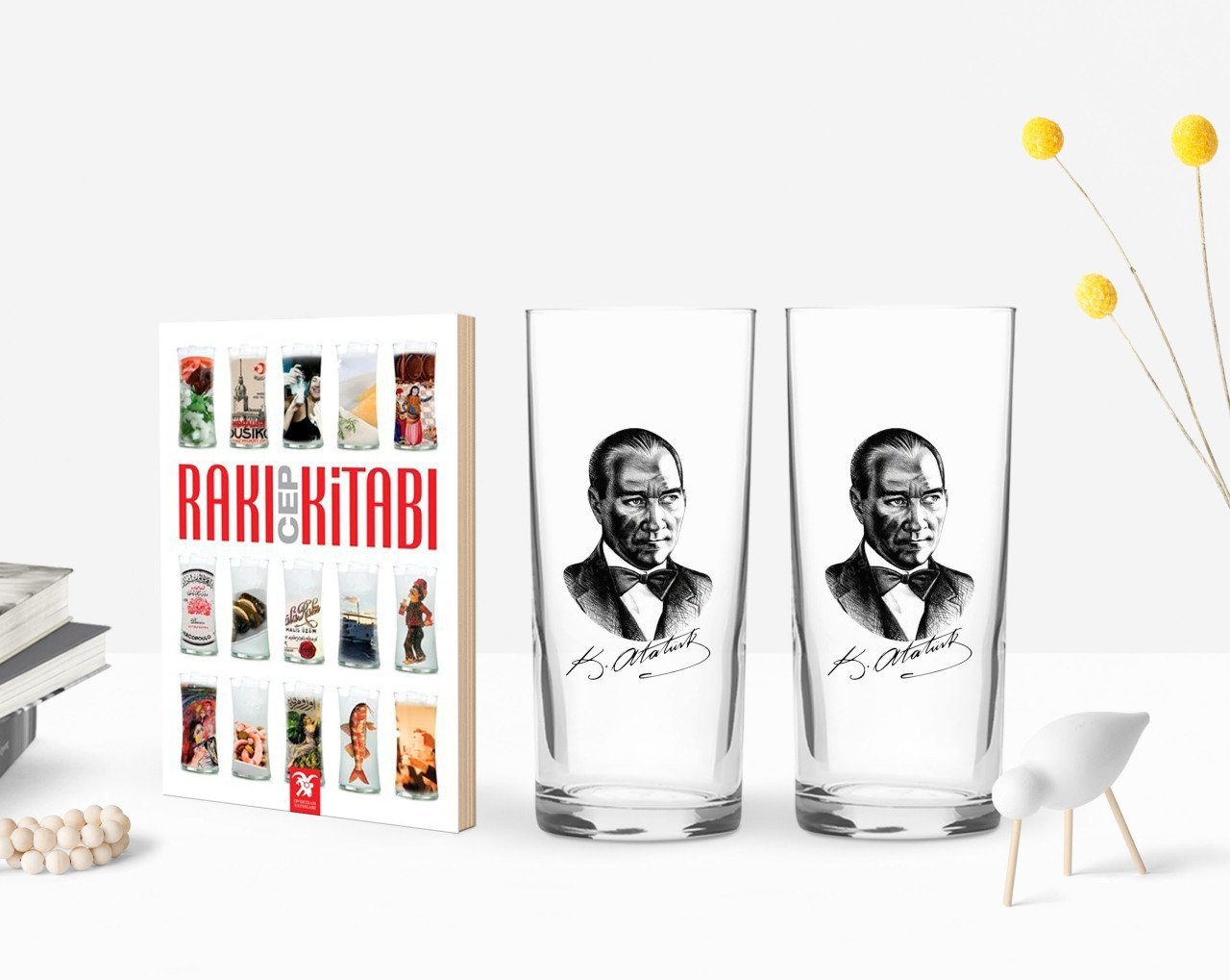 BK Home Renkli Baskılı Atatürk Temalı İkili Rakı Bardağı ve Rakı Cep Kitabı Hediye Seti-14