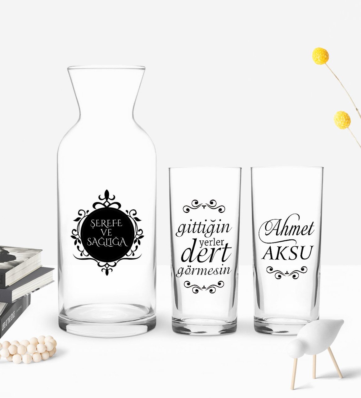 Kişiye Özel Renkli Baskılı Gittiğin Yerler Dert Görmesin Tasarımlı İkili Rakı Bardağı ve Karaf Hediye Seti-1