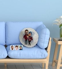 Kişiye Özel Tesettürlü Aile Karikatürlü Yuvarlak Dekoratif Kırlent Yastık-2