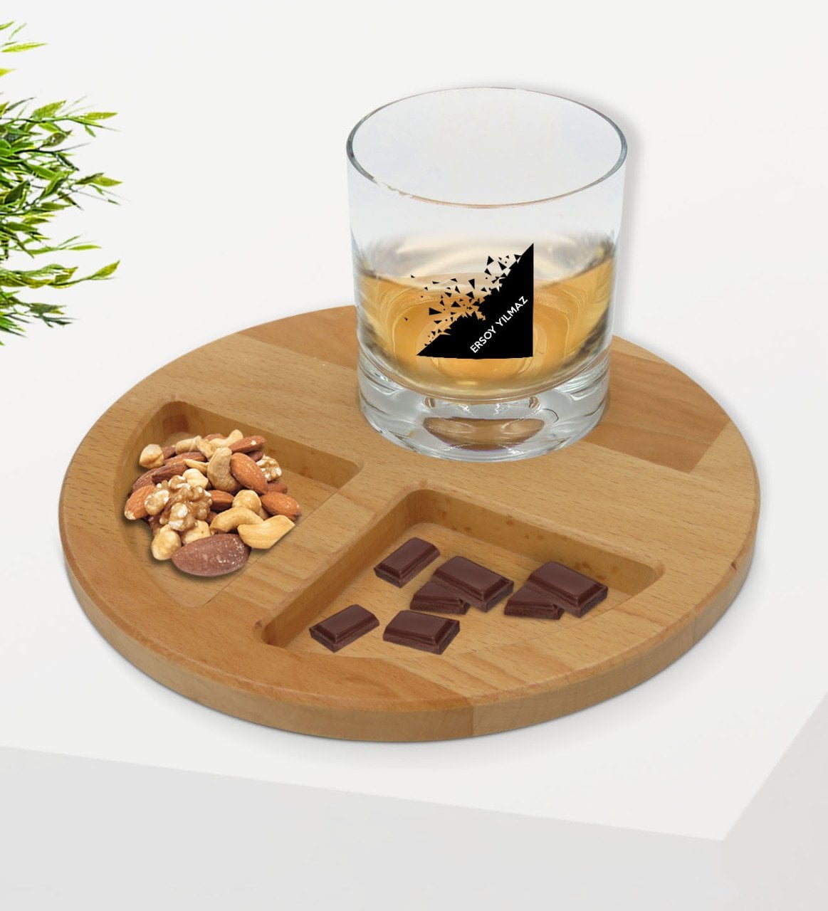 Kişiye Özel İsimli Viski Bardağı ve Doğal Masif Ahşap Yuvarlak Sunum Tabağı Çerezlik Hediye Seti-27