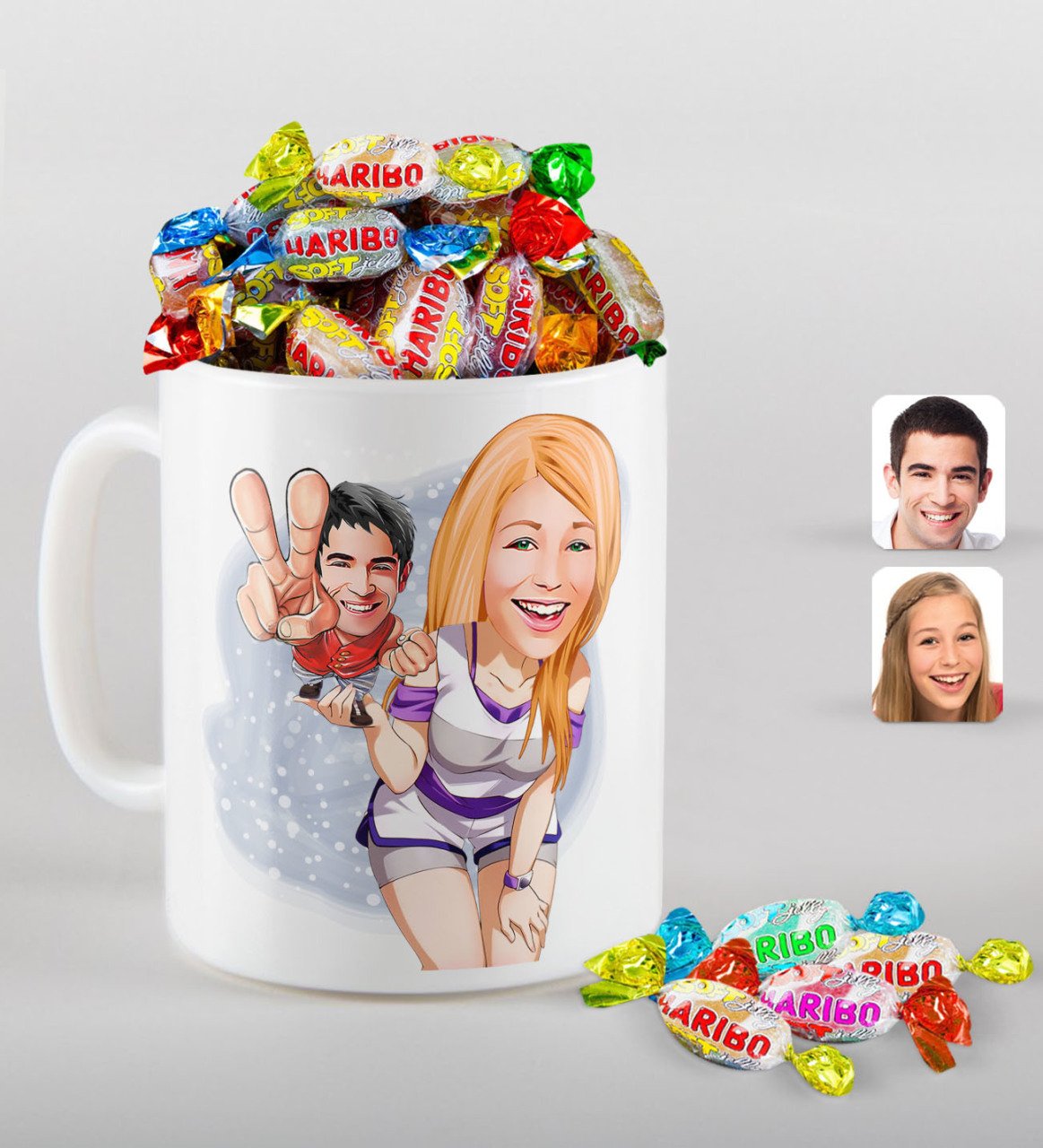 Kişiye Özel Sevgililer Karikatürlü Beyaz Kupa ve Haribo Şeker Hediye Seti-30