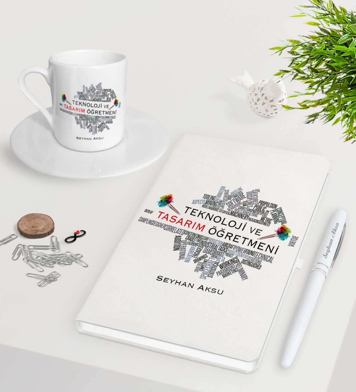 Kişiye Özel Teknoloji Ve Tasarım Öğretmeni Beyaz Defter Kalem Türk Kahvesi Fincanı Seti