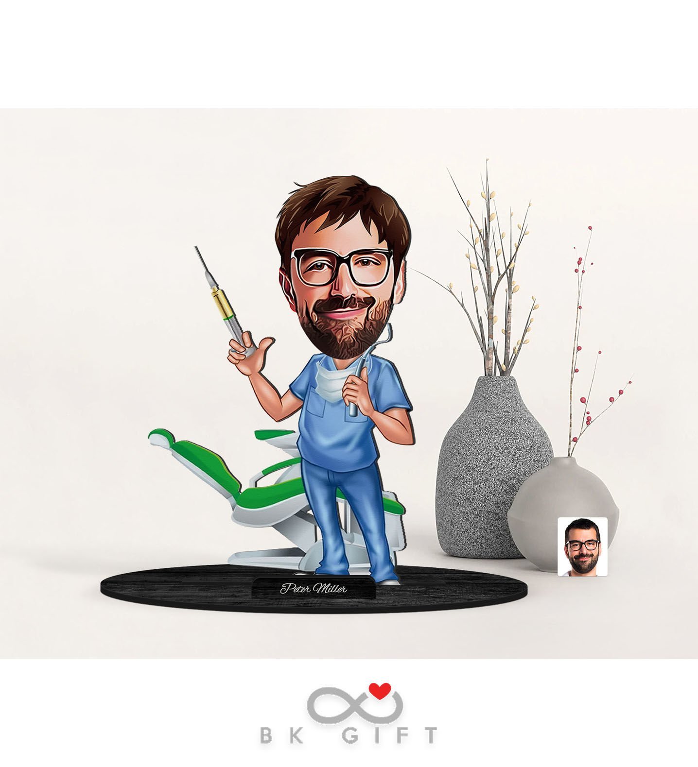 BK Gift Kişiye Özel Erkek Diş Hekimi Karikatürlü Ahşap Biblo-4