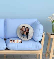Kişiye Özel Aile Karikatürlü Yuvarlak Dekoratif Kırlent Yastık-3