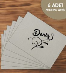 BK Gift Kişiye Özel İsimli 6’li Keten Amerikan Servis Seti-3, Ev Hediyesi,Baskılı Servis Bezi, Mutfak Dekoru