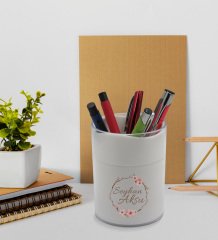 BK Gift Kişiye Özel Çiçek Tasarımlı Beyaz Defter Kalem ve Kalemlik Hediye Seti - Model 5