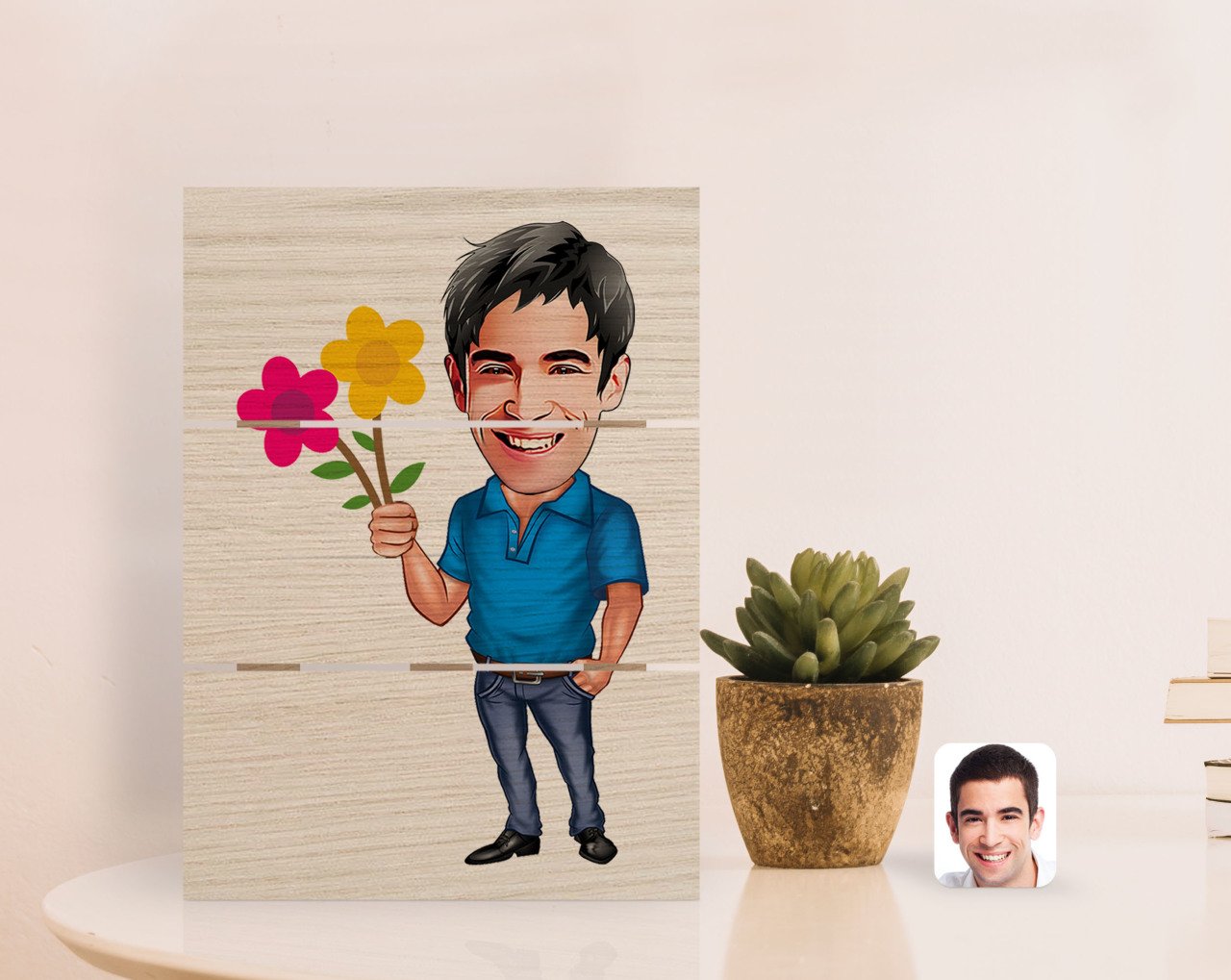 Kişiye Özel Erkek Karikatürlü Otantik Masaüstü Ahşap Palet Çerçeve-1