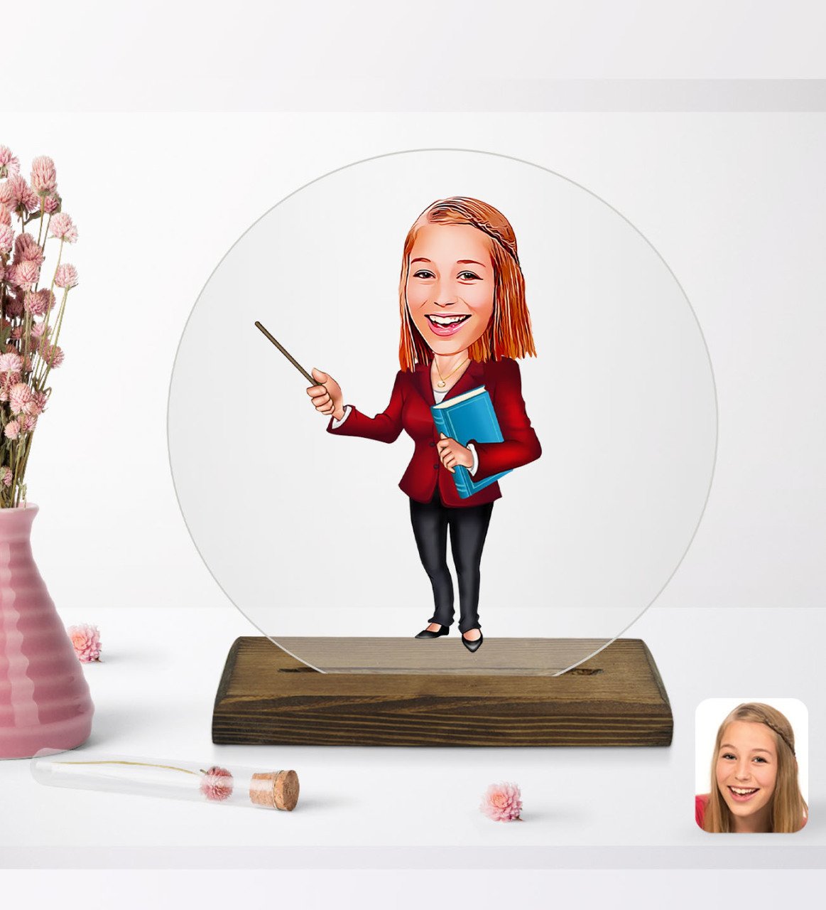 Kişiye Özel Kadın Öğretmen Karikatürlü Yuvarlak Ahşap Standlı Biblo-3