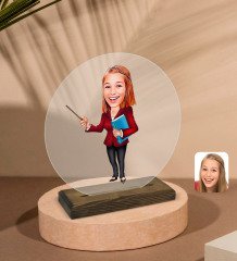 Kişiye Özel Kadın Öğretmen Karikatürlü Yuvarlak Ahşap Standlı Biblo-3
