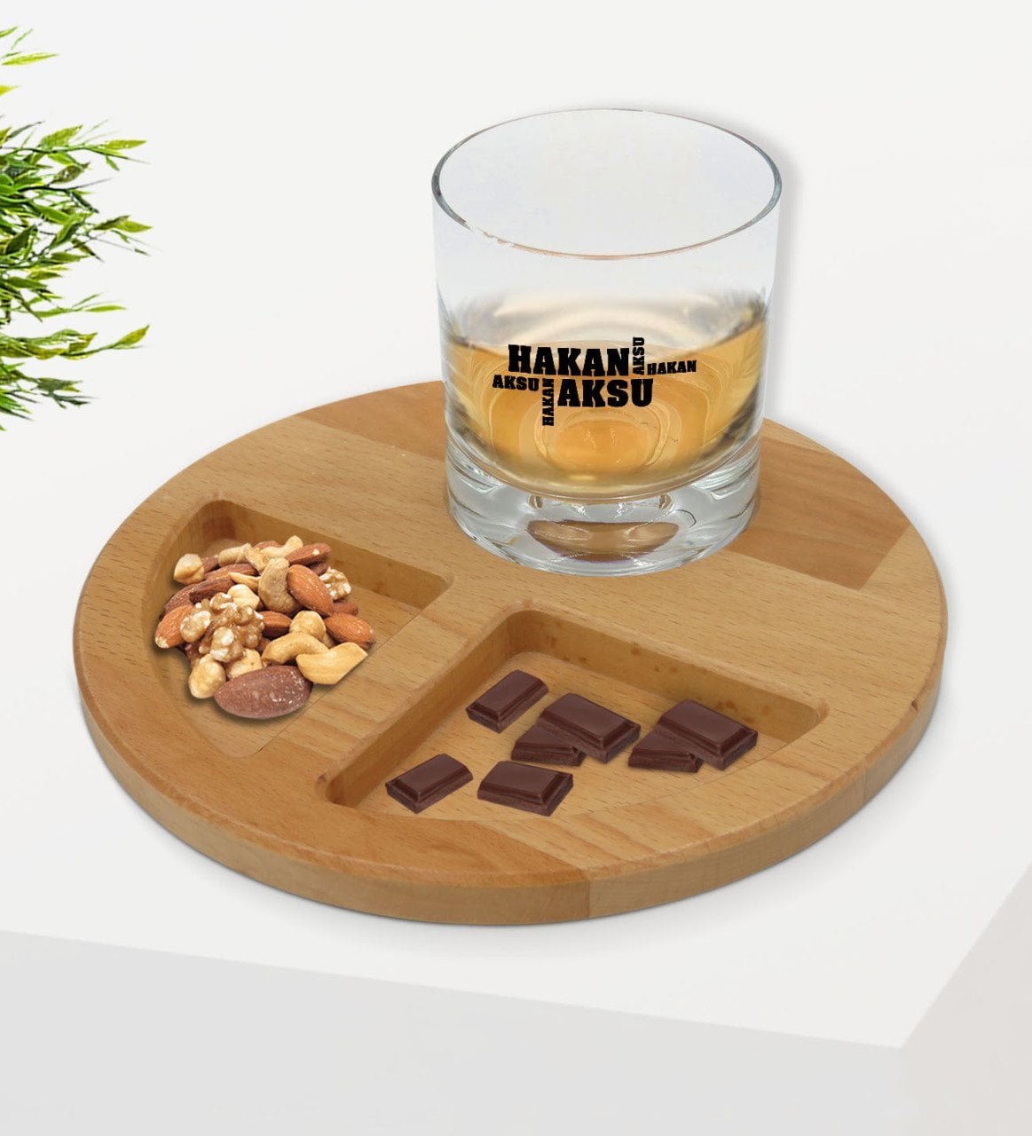 Kişiye Özel İsimli Viski Bardağı ve Doğal Masif Ahşap Yuvarlak Sunum Tabağı Çerezlik Hediye Seti-29