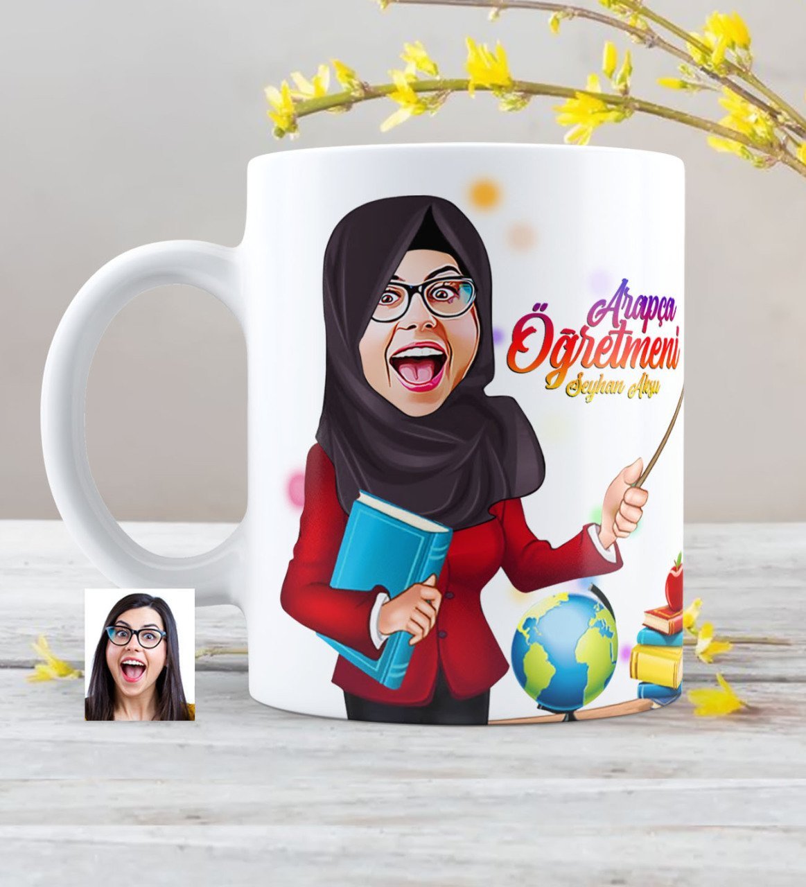Kişiye Özel Tesettürlü Bayan Öğretmen Karikatürlü Beyaz Kupa Bardak - 1