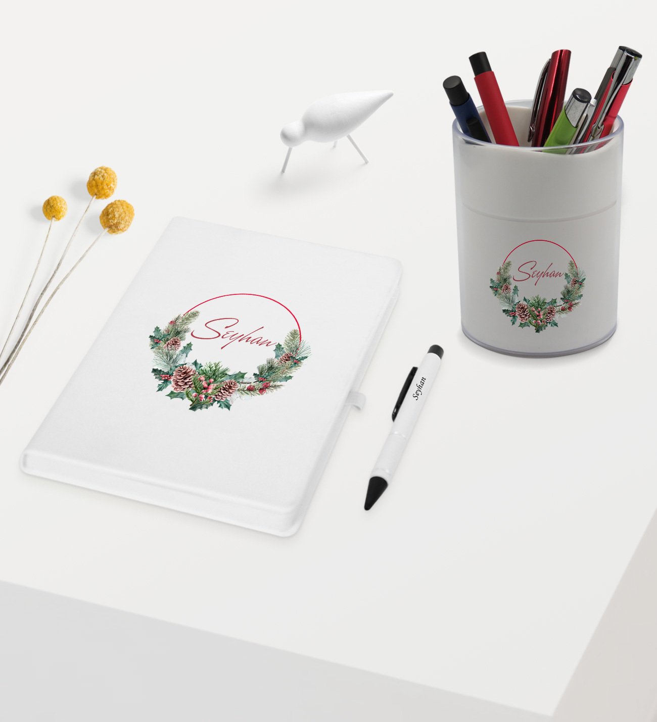 BK Gift Kişiye Özel Çiçek Tasarımlı Beyaz Defter Kalem ve Kalemlik Hediye Seti - Model 7