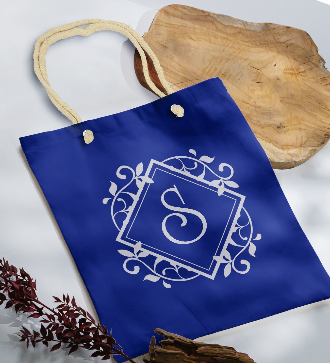 BK Gift Kişiye Özel Harfli Saks Mavi Halat Saplı Kumaş Bez Çanta-2, Baskılı Omuz Çantası, Alışveriş Çantası