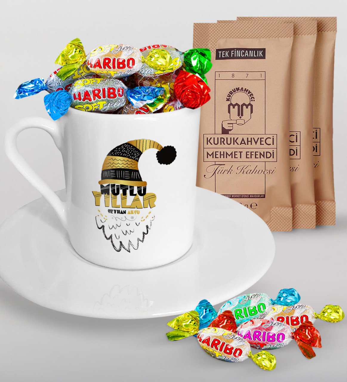 Kişiye Özel Yılbaşı Mutlu Yıllar Türk Kahvesi Fincanı Mehmet Efendi Kahve ve Haribo Şeker Hediye Seti-8