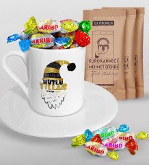 Kişiye Özel Yılbaşı Mutlu Yıllar Türk Kahvesi Fincanı Mehmet Efendi Kahve ve Haribo Şeker Hediye Seti-8