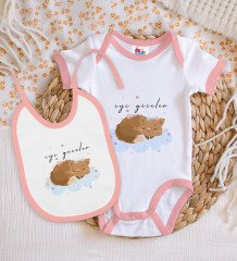 BK Kids İyi Geceler Tasarımlı Pembe Bebek Body Zıbın ve Mama Önlüğü Hediye Seti-1