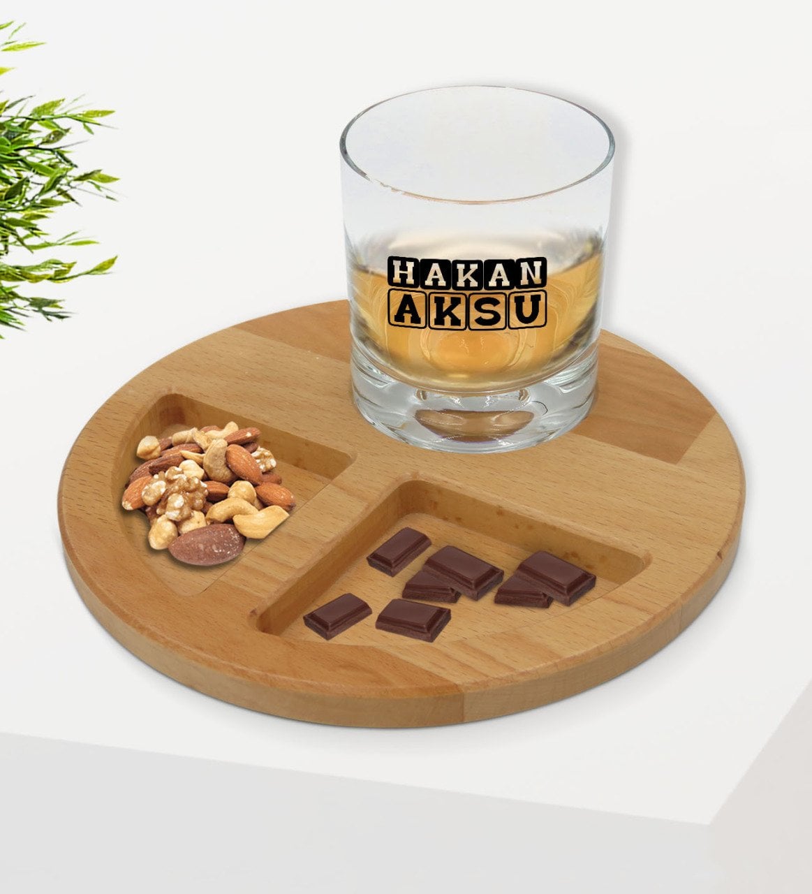 Kişiye Özel İsimli Viski Bardağı ve Doğal Masif Ahşap Yuvarlak Sunum Tabağı Çerezlik Hediye Seti-30