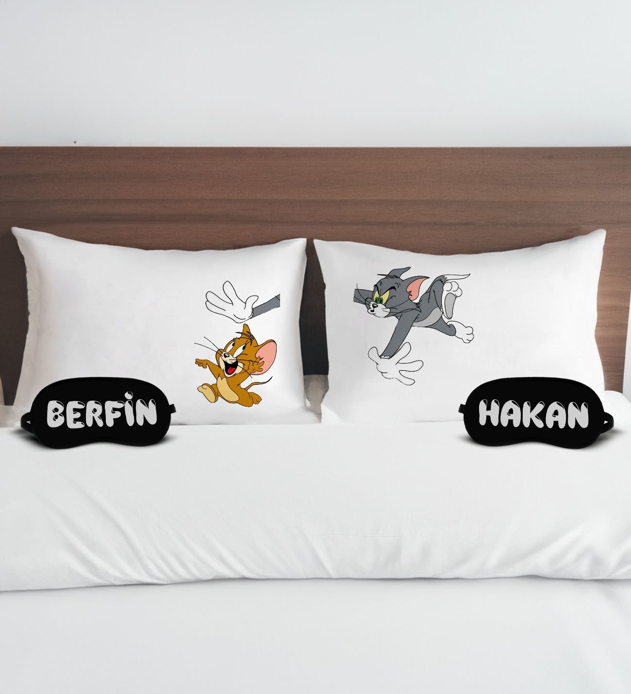 BK Gift Kişiye Özel Eğlenceli Kedi Tasarımlı Pamuklu Yastık Kılıfı ve Göz Bandı Çift Uyku Seti-4, Tasarım Ev Tekstili, Uyku Bandı, Ev Hediyesi
