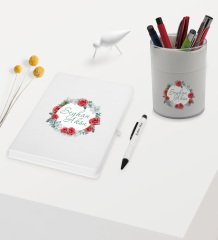 BK Gift Kişiye Özel Çiçek Tasarımlı Beyaz Defter Kalem ve Kalemlik Hediye Seti - Model 8