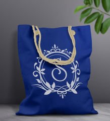 BK Gift Kişiye Özel Harfli Saks Mavi Halat Saplı Kumaş Bez Çanta-3, Baskılı Omuz Çantası, Alışveriş Çantası