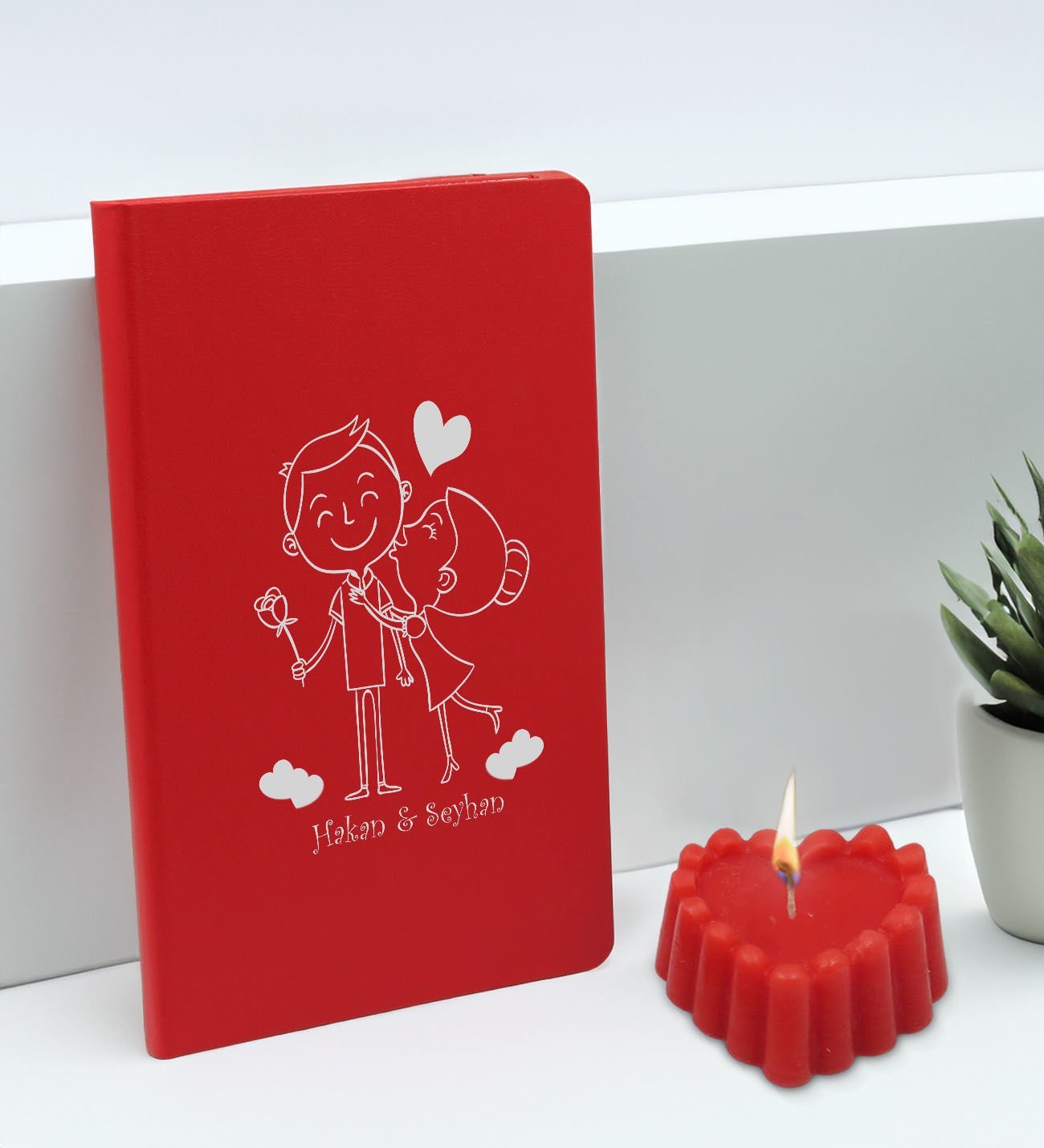 BK Gift Sevgililere Özel İsimli Kırmızı Defter ve Kokulu Kalp Mum Hediye Seti-6, Sevgiliye Hediye, Sevgililer Günü