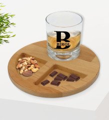 Kişiye Özel İsimli Viski Bardağı ve Doğal Masif Ahşap Yuvarlak Sunum Tabağı Çerezlik Hediye Seti-31
