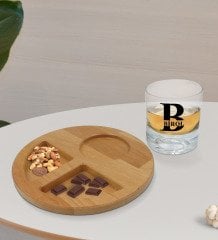 Kişiye Özel İsimli Viski Bardağı ve Doğal Masif Ahşap Yuvarlak Sunum Tabağı Çerezlik Hediye Seti-31