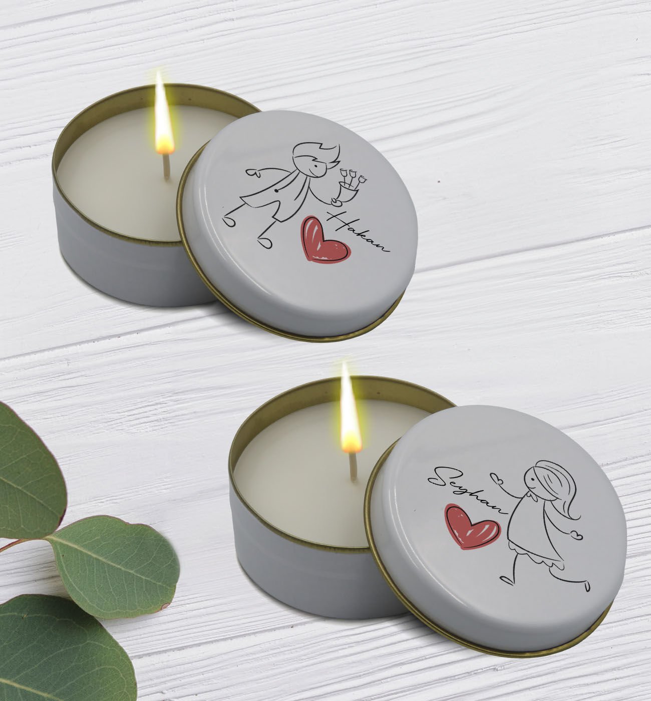 BK Gift Kişiye Özel Çift Tasarımlı 2’li Beyaz Metal Kutuda Kokulu Mum Hediye Seti - 4, Ev Hediyesi, Sevgiliye, Arkadaşa Hediye, Kokulu Mum