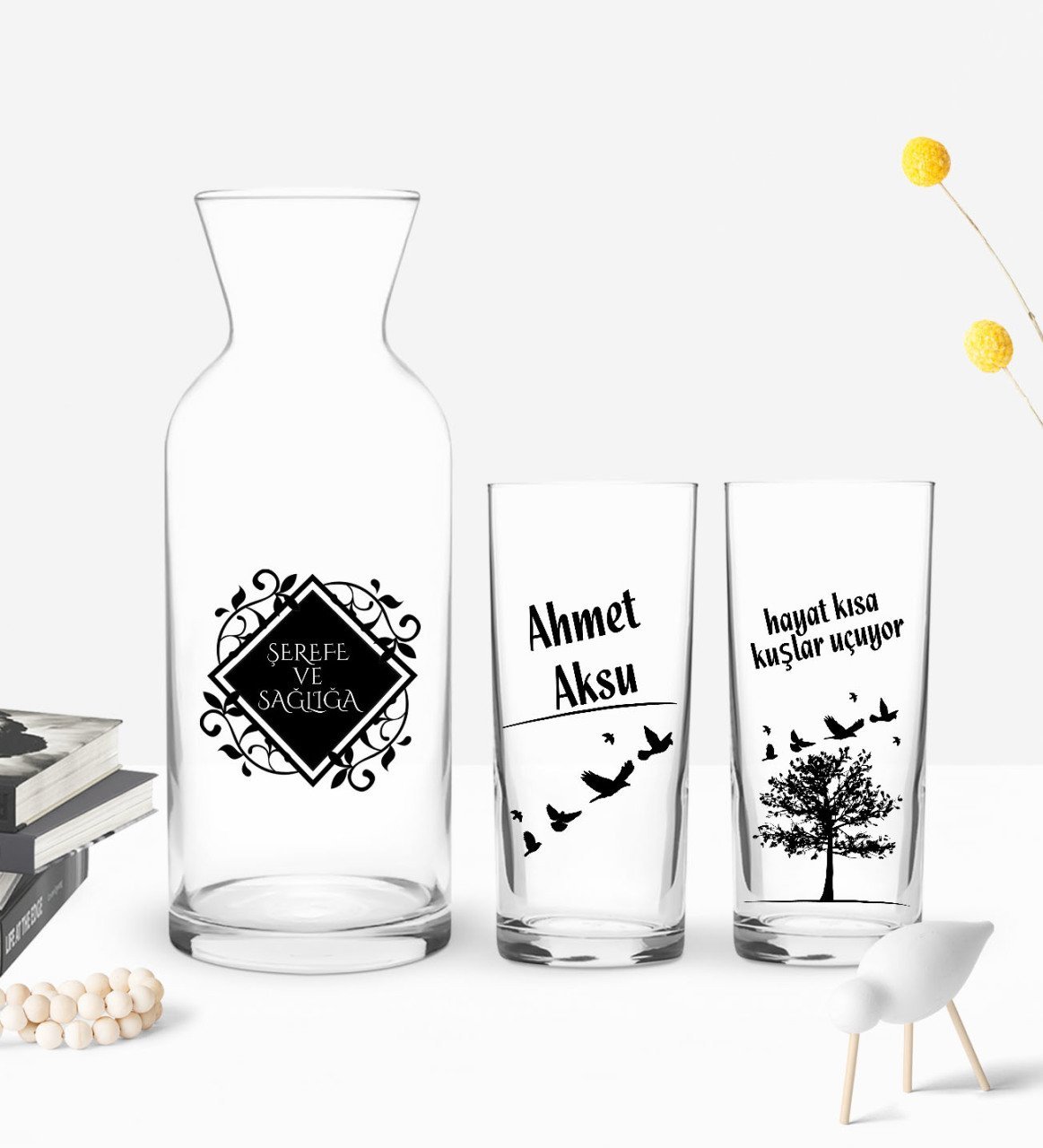 Kişiye Özel Renkli Baskılı Hayat Kısa Kuşlar Uçuyor Tasarımlı İkili Rakı Bardağı ve Karaf Hediye Seti-1