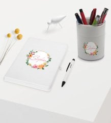 BK Gift Kişiye Özel Çiçek Tasarımlı Beyaz Defter Kalem ve Kalemlik Hediye Seti - Model 10