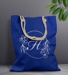 BK Gift Kişiye Özel Harfli Saks Mavi Halat Saplı Kumaş Bez Çanta-5, Baskılı Omuz Çantası, Alışveriş Çantası