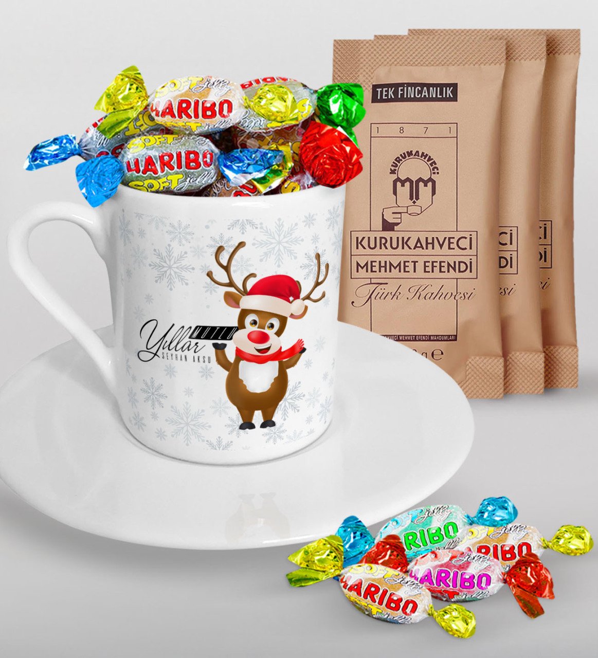 Kişiye Özel Yılbaşı Mutlu Yıllar Türk Kahvesi Fincanı Mehmet Efendi Kahve ve Haribo Şeker Hediye Seti-11