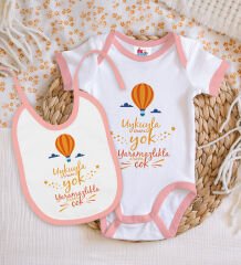 BK Kids Uykuyla Aram Yok Tasarımlı Pembe Bebek Body Zıbın ve Mama Önlüğü Hediye Seti-1