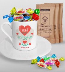 Kişiye Özel Sevgililer Günü Türk Kahvesi Fincanı Mehmet Efendi Kahve ve Haribo Şeker Hediye Seti-57