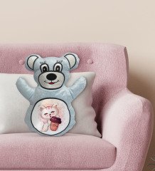 BK Gift Sevimli Sevimli Kedi Tasarımlı Mavi Ayıcık Yastık-3