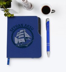 Kişiye Özel Gemi Tasarımlı Lacivert Termo Deri Defter Kalem Seti-1