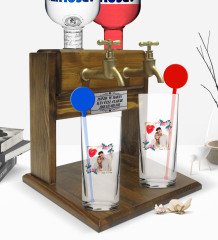 Kişiye Özel Renkli Baskılı İsimli Fotoğraflı İkili Vodka Bardağı ve Çift Musluklu Doğal Ahşap Vodka Standı-30