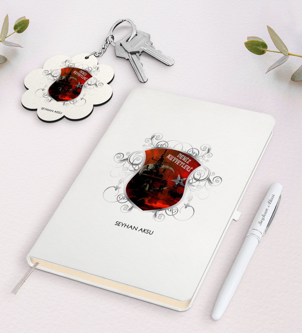 Kişiye Özel Deniz Kuvvetleri Beyaz Defter Kalem Ve Anahtarlık Hediye Seti