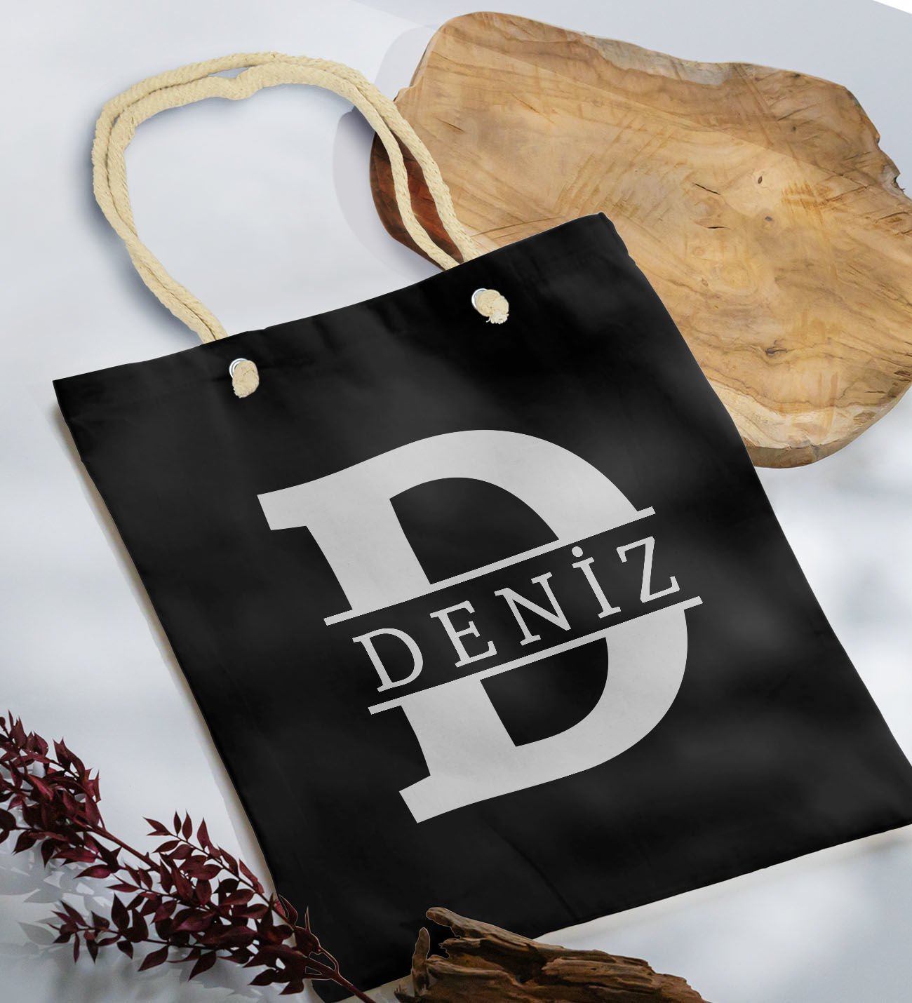 BK Gift Kişiye Özel Harfli Siyah Halat Saplı Kumaş Bez Çanta-1, Baskılı Omuz Çantası, Alışveriş Çantası