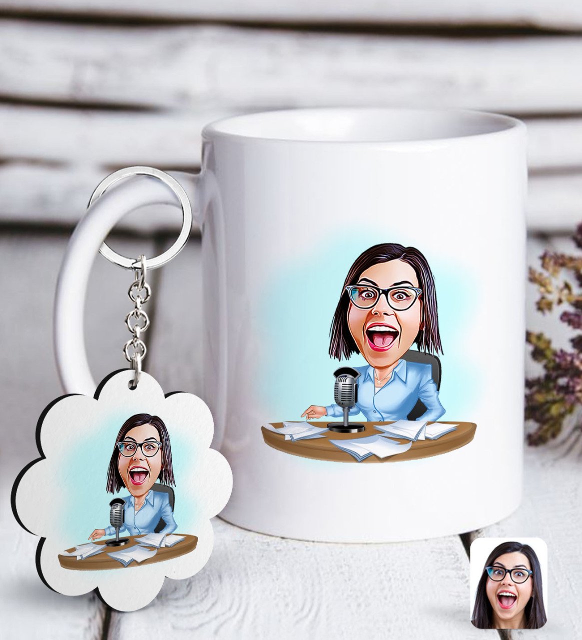 Kişiye Özel Bayan Spiker Karikatürlü Beyaz Kupa ve Anahtarlık Hediye Seti-1